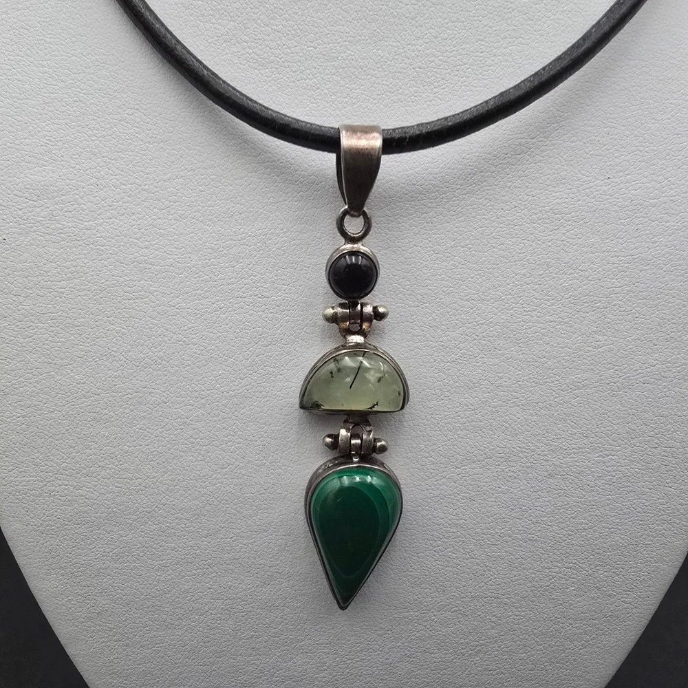 Sterling Silver 925 Malachite Prehnite Onyx Pendant Leather Cord Choker Necklace